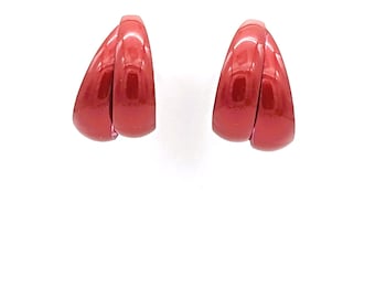 Vintage Red Earrings Double Line J Hoop Earrings | Mid Century Modern Boho Red Earrings | Dangle Double Hoop Unusual 70s 80s Red Earrings