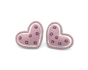 Vintage Pink Heart Earrings Flower and Heart | Cute Stud Earrings Candy Like Heart Shaped Flowers Earrings | Delicate Heart Earrings