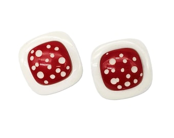 Retro 1980s Red White Polka Dot Stud Earrings | Mushroom Inspired Kitsch Statement Studs for Pierced Ears | Vintage Costume Jewelry Fun 80s