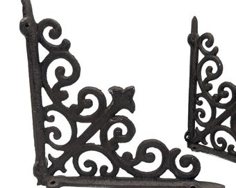 Set of 2 Antique Cast Iron Fleur-de-Lis Shelf Brackets| 8" Victorian Scroll Corbels| Ornate Black Wall Shelf Supports | Strong Shelf Holders