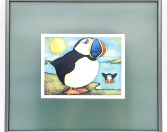 Vintage Framed Print The Puffin by Lucy Ali |Atlantic Puffin Bird Wall Art Framed | Sea Parrots Cute Puffins Print Framed Wall Decor Green