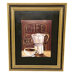 Vintage Cafe Mundo Coffee Print by Charlene Audrey |Framed Espresso Maker Art Wall Decor | Gold & Black Kitchen Coffeehouse Artwork Wall Art