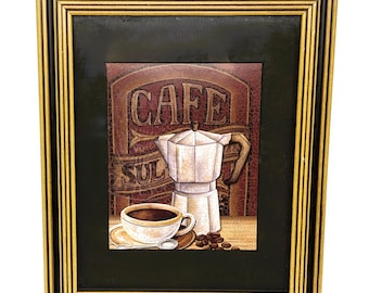 Vintage Cafe Mundo Coffee Print by Charlene Audrey |Framed Espresso Maker Art Wall Decor | Gold & Black Kitchen Coffeehouse Artwork Wall Art