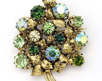 Antique Brooch Made in Austria Goldtone Aurora Borealis Green Yellow Austrian Crystals Rhinestone | Retro Flower Bouquet Leaves Bow Pin
