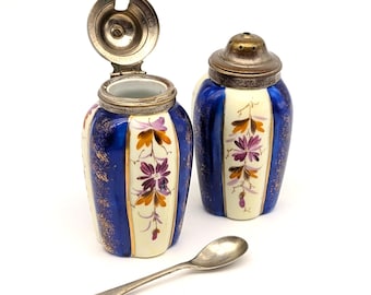 Antique Imari Style Porcelain Salt and Pepper Set - Cobalt Blue, Nevada Silver Spoon