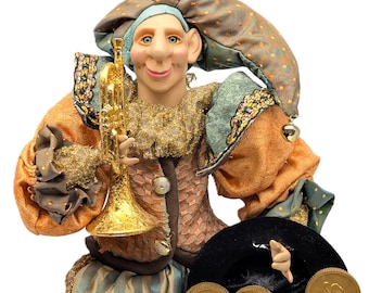 Vintage Mardi Gras Jester Doll | Harlequin Clown with Trumpet, Lucky Coins