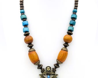 Vintage Long Beaded Necklace Bohemian Indian Asian | Big Beads Boho Wooden Brass Tribal Pendant Necklace | Statement Necklace