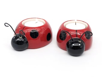 Vintage Adorable Ceramic Ladybug Candle Holders Set of 2 | Red Black Tealight & Succulent Planters | Sweet Garden Home Table Decor Gift