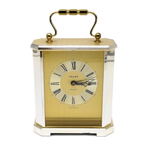 Carriage Mantle Clock Gruen Quartz Brass  | German-Made 1980s Elegant Gold Tone Desk Clock | Vintage Working Battery Powered Clock