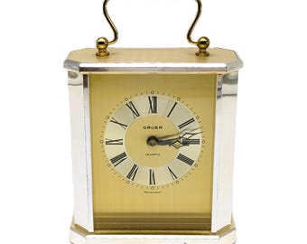 Carriage Mantle Clock Gruen Quartz Brass  | German-Made 1980s Elegant Gold Tone Desk Clock | Vintage Working Battery Powered Clock
