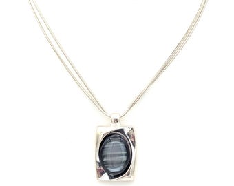 Kenneth Cole Pendant Necklace Rare Signed | Vintage Silver Tone Double Strand Necklace Gray Glow Pendant | 90s KC Designer Jewelry Pendant
