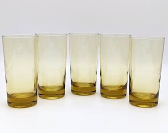 Vintage Amber Glass Tumblers Set of 5 |Midcentury Modern Amber HoneyGold Drinking Glasses from 70s | Retro Glassware Amber Colored Set