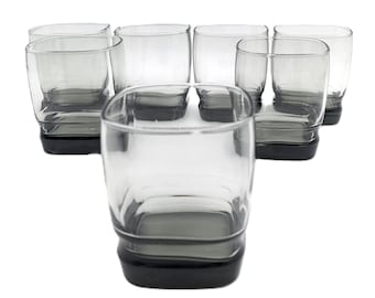 Retro Mod Whiskey Glasses | 1970s Libbey Tumblers Smoke Grey | Cool Vintage Bar Glasses Set of 7 | Mid-Century Modern Barware Home Decor