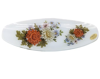 Rare 60s 70s Pilkington Chance Glass Vintage Chrysanthemum Aster MCM Oval Serving Dish | Made in England Floral Slumped Glass Tray Decor