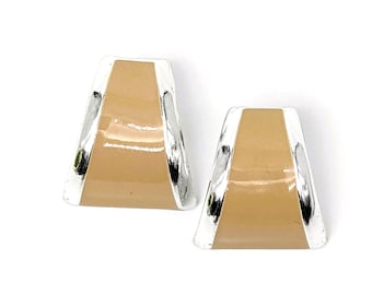 Vintage Half Hoop Earrings | Silver Tone Beige Enamel Stud Earrings | Retro 80s Bold Style Stud Earring | Minimalist Statement Earring Gift