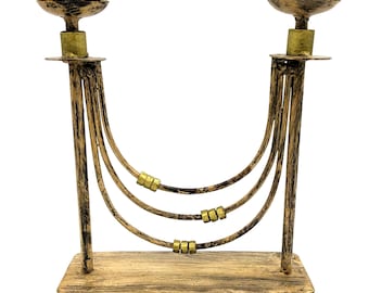 Vintage Candle Holder Rustic Metal Art Recycled Bronze Gold Tones | Industrial Candlestick Holder Steel Welding Art Candle Stand Unique
