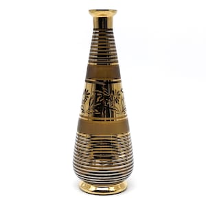 Mid Century Empoli Amber Glass Carafe Vase | Smoked Brown Gold Stripe Decanter Accent | Elegant Italian Art Glass Decor Piece Vintage 1960s