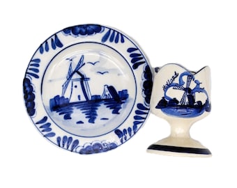 Vintage Delft Blue Egg Cup and Mini Windmill Plate Set | Hand Painted Dutch Ceramic Decor | 1950s Porcelain Trinket Holder | Delftware Gift