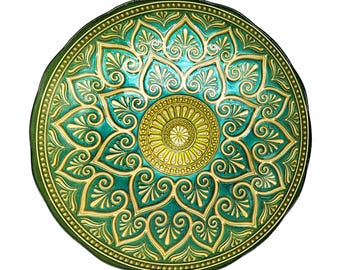 Large Green & Gold Turkish Art Glass Bowl | Reverse Painted Handcrafted Decor Centerpiece| Vintage Emerald Mandala Dish Boho Home Decor Gift
