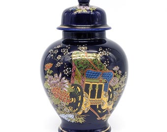 Vintage Japanese Cobalt Blue and Gold Porcelain Urn with Lid | Wagon & Floral Jar Vase | Collectible Jar Made in Japan Exuberant Gift Idea