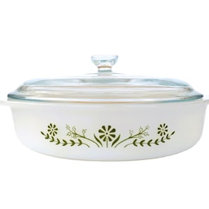 Vintage Glasbake Milk Glass Casserole Dish with Lid | 1960s Green Daisy Design | Retro MidCentury Bakeware Kitchen Decor | 8&quot; Diameter