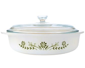 Vintage Glasbake Milk Glass Casserole Dish with Lid | 1960s Green Daisy Design | Retro MidCentury Bakeware Kitchen Decor | 8" Diameter