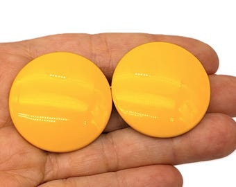 Vintage 80s Yellow Metal Disc Stud Earrings | Retro Large Round Statement Jewelry | Fun, Bright & Glossy Circles for a Bold Pop of Style