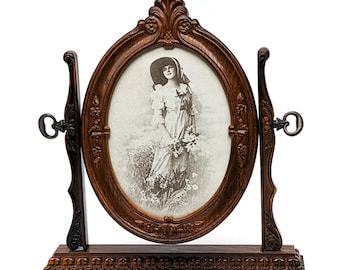 Vintage Oval Swivel Picture Frame 5×7 | Victorian Simulation Wood Frame Stand | British Registered Design HK | Velveteen Tilt Base