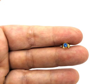 Vintage Blue Crystal Gold Plated Single Stud Earring | Tiny Sparkling Pierced Ear Jewelry | Minimal Stackable MCM Retro Gem Gift Surprise