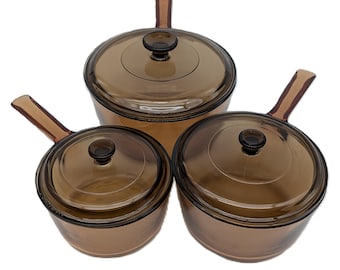 Visions Amber Glass Cookware Set: Vintage French Corning Saucepans with Pyrex Lids