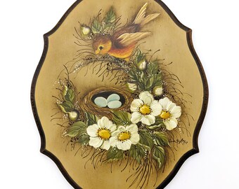 Vintage Wall Art Painting on Wood Bird Eggs Nest Flowers | Gorgeous Painting by Leona Taylor 1977 | Brown Cream Wall Plaque Art Painting