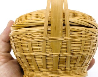 ヴィンテージの蓋付き竹かご：手作り編み収納ボウル - Etsy 日本