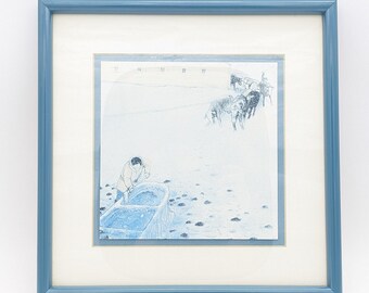 Vintage Turquoise Framed Print by William Kurelek Watering Cattle in Winter | W.K. Kurelek Framed Art Blue White Teal Wall Art Decor Square