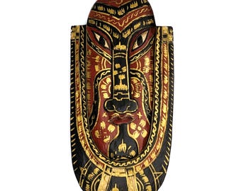 Vintage Ghana Wall Mask | Hand Carved Wood Face Plaque 40 cm 16 in | Red Black Gold Akan Tribal Art | African Folk Decor Statement Piece