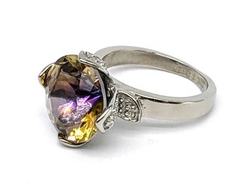 Bold Mystic Topaz Cocktail Ring | Rhodium Plated 316L Stainless Steel Band | 19.4 mm US 9.5 Size S | Art Deco Botanical Statement Jewelry