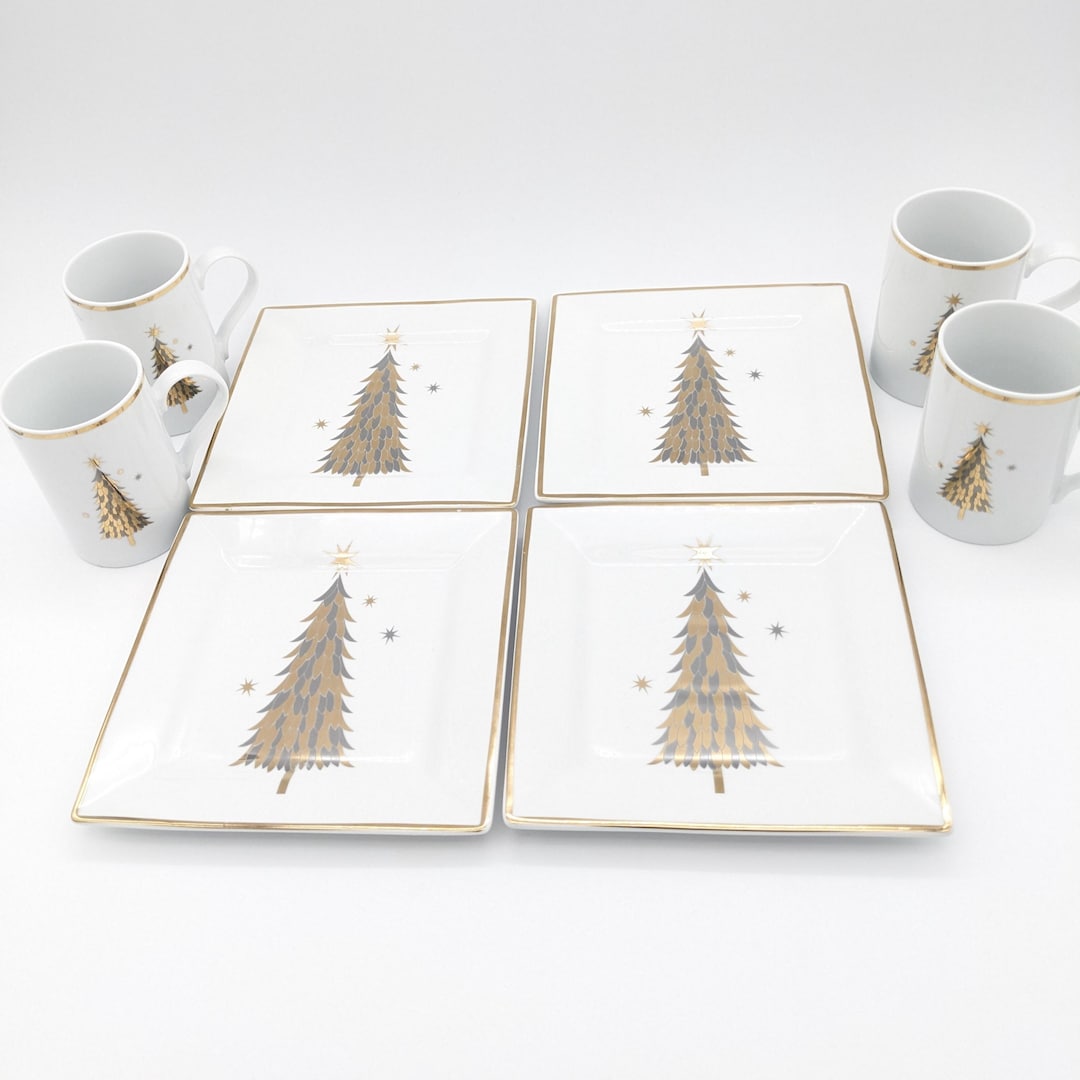 Vintage Christmas Dinnerware Set: Gold Tree Porcelain Plates and