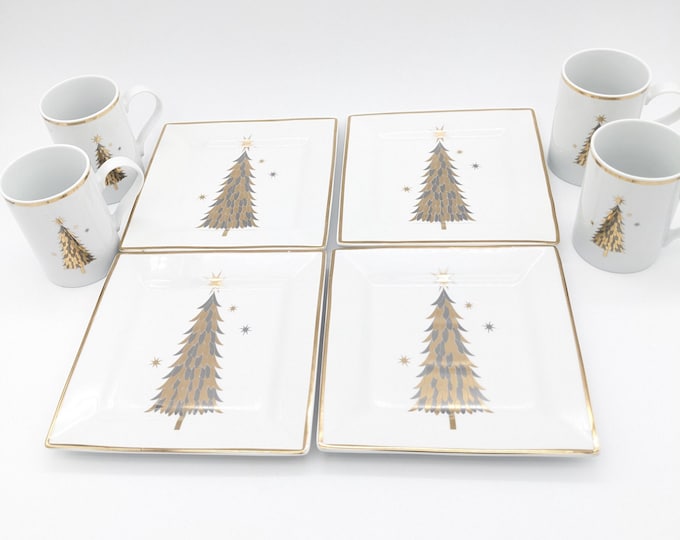 Featured listing image: Vintage Christmas Dinnerware Set: Gold Tree Porcelain Plates and Mugs
