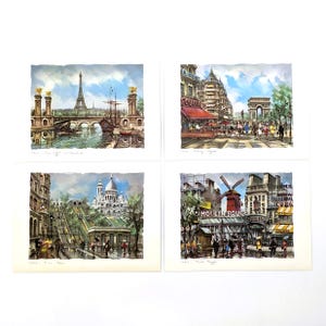 Vintage Paris Scene Lithograph Print by Maurice Legendre Paintings |Tour Eiffel Pont Alexandre III |SacreCoeur |Moulin Rouge |Champs Elysees