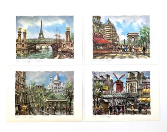 Vintage Paris Scene Lithograph Print by Maurice Legendre Paintings |Tour Eiffel Pont Alexandre III |SacreCoeur |Moulin Rouge |Champs Elysees