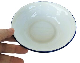BON VOYAGE Enamelware Shanghai | Small Bowl Collectible Rare | Metal Enamel White Blue rim