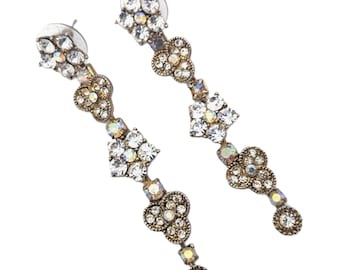 Vintage Rhinestones Drop Earrings Flowers – Crystal Rhinestones Antique Style Earrings Aurora Borealis |Designer Jewelry Retro White Gold