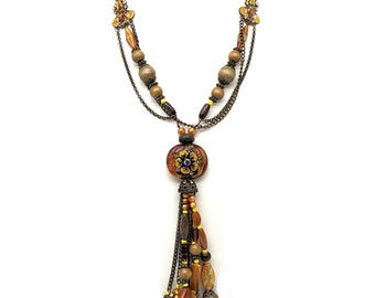 Vintage 1990s Boho Lariat Necklace | Tibetan Style Bronze Brass Lucite Wood Bead Statement One of a Kind | Long Sautoir Tassel Necklace