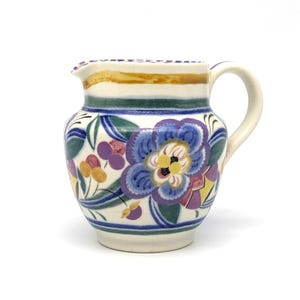 Zeer zeldzame Poole aardewerk art-deco melkkan | Vintage vaas handgeschilderd bloemmotief 39-7 | Engelse Fine Pottery Studio Collectible jaren 40