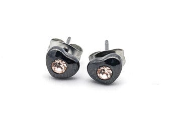 Vintage Tiny Heart Shape Stud Earrings Hematite Black Stone and White Rhinestone | Cute Heart Small Post Earrings Black and Shiny Crystal