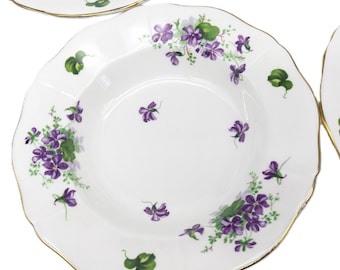 Rare Set of 11 Vintage Adderley Violet Soup Plates 8in | Fine Bone China England | Scalloped Gold Rim Collectible Violets Deep Dessert Bowls