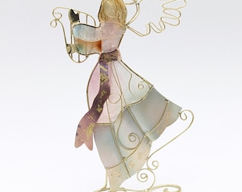 Capiz Shell Angel Vintage Filipino Holiday Decor Iridescent Wire Frame Angel Ornament Unique Christmas Gift Tabletop Angel Home Decoration