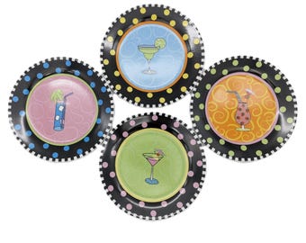 Cocktail Appetizer Plates Colorful Set of 4 | Outta Hand Plates by Amy Hetrick | Plates Showing Drinks | Dessert Colored Porcelain Plate