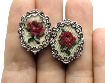 Victorian Revival Petit Point Rose Cameo Earrings | Silvertone Needlepoint Clip-Ons | Cottagecore Floral Embroidered  Cross Stitch Jewelry
