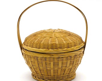 Vintage Bamboo Wicker Basket Lidded Small Round | Well Preserved Handmade Mini Storage Basket Decorative | Woven Bamboo Bowl
