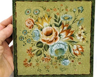 Tile Trivet Wall Art Norwegian Rosemaling Valdres | Vintage Floral Ceramic Art |Gram Design 6x6 Green Tile With Cork Backing | Kitchen Decor